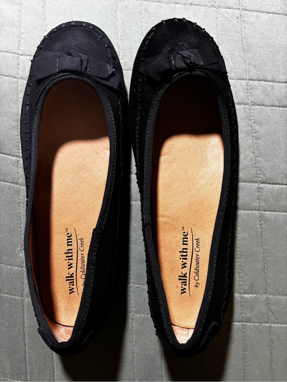 Coldwater Creek Black Ballet Flats with Bow Detail 100% Suede Leather